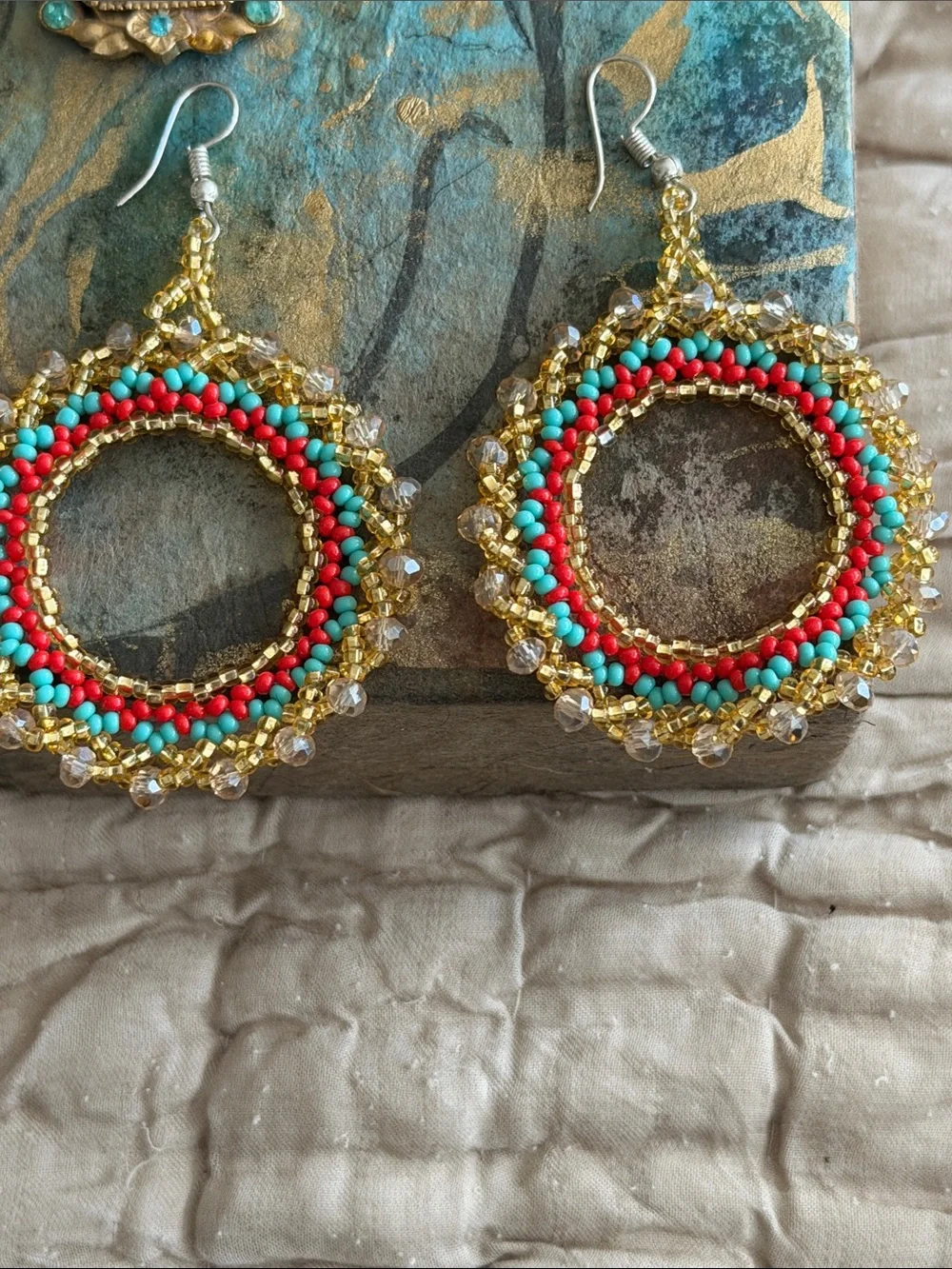 Pierced earrings crochet hoops turquoise gold coral colored seed beads